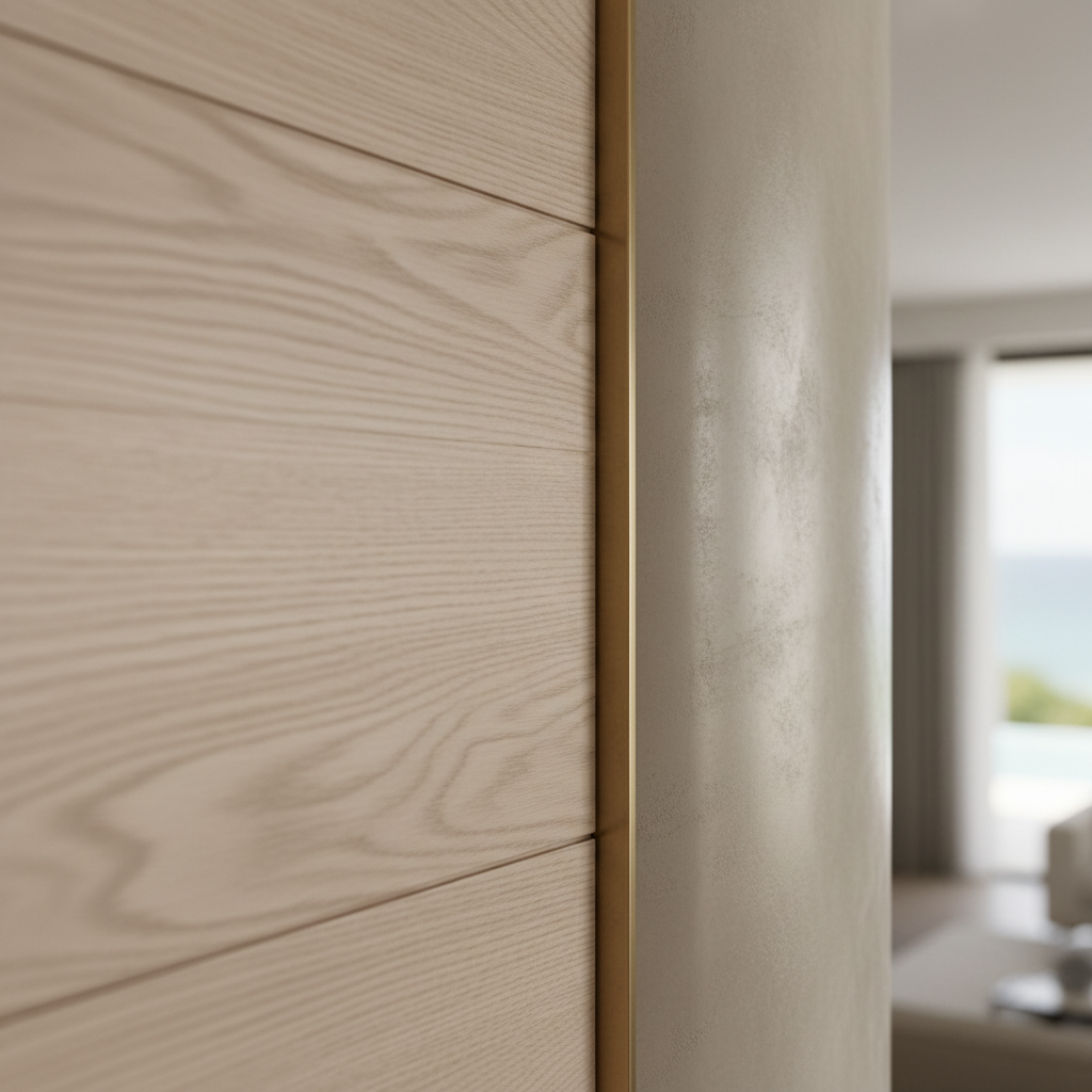 A detailed close-up of Italian craftsmanship in a luxury Miami renovation: the junction where a custom white oak wall panel meets a seamless, polished Venetian plaster column in a soft, warm gray. A thin brushed-brass inlay runs with perfect precision along the joint, demonstrating meticulous alignment. Subtle coastal daylight from an unseen window grazes the surfaces, revealing the wood’s natural grain and the plaster’s fine, hand-troweled texture. The background falls into a gentle bokeh of a bright, minimalist interior with hints of turquoise reflections from outside. Photographic realism, shallow depth of field, intimate framing, conveying quiet sophistication and obsessive attention to detail.