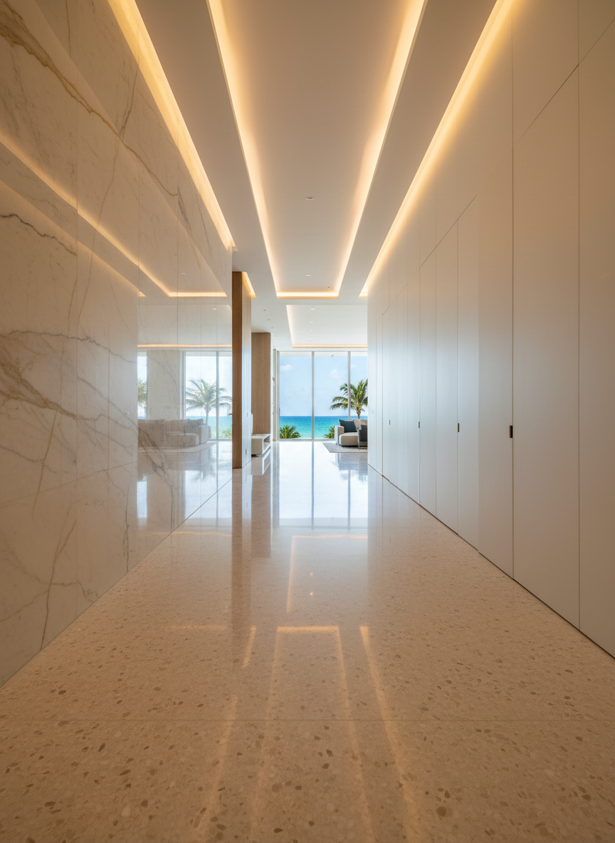 A grand entry hallway of a completed luxury renovation, where Italian elegance greets the Miami Beach light. A long corridor with seamless, glossy terrazzo flooring in warm neutral tones leads toward a bright living area, with the turquoise hint of ocean visible at the far end. One wall is clad in bookmatched marble panels with subtle veining, while the opposite side features flush, floor-to-ceiling hidden doors in matte cream lacquer. A sculptural, recessed ceiling detail with cove lighting runs the full length, casting a continuous, soft glow. Photographic realism, captured from a central, low-angle perspective to accentuate depth and linearity, creating a sophisticated, gallery-like atmosphere.