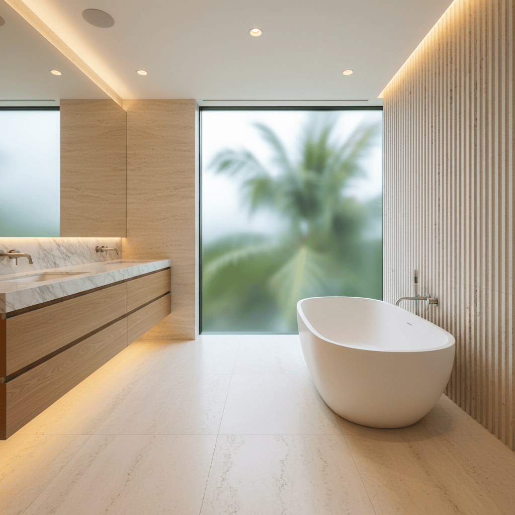 An opulent master bathroom renovation in South Florida, designed with Italian spa-like elegance. A freestanding sculptural white stone tub stands on creamy, large-format porcelain that mimics travertine, set beside a full-height window with a subtle view of blurred palm fronds. Behind the tub, a feature wall of vertically stacked ribbed stone panels adds tactile richness. A floating double vanity in natural oak with integrated sinks and thin-edge marble countertop stretches along one side, lit by warm, recessed ceiling spots and concealed LED strips under the vanity. Captured in photographic realism from a slightly diagonal angle, the atmosphere feels serene, airy, and indulgent, emphasizing meticulous detailing and luxury finishes.