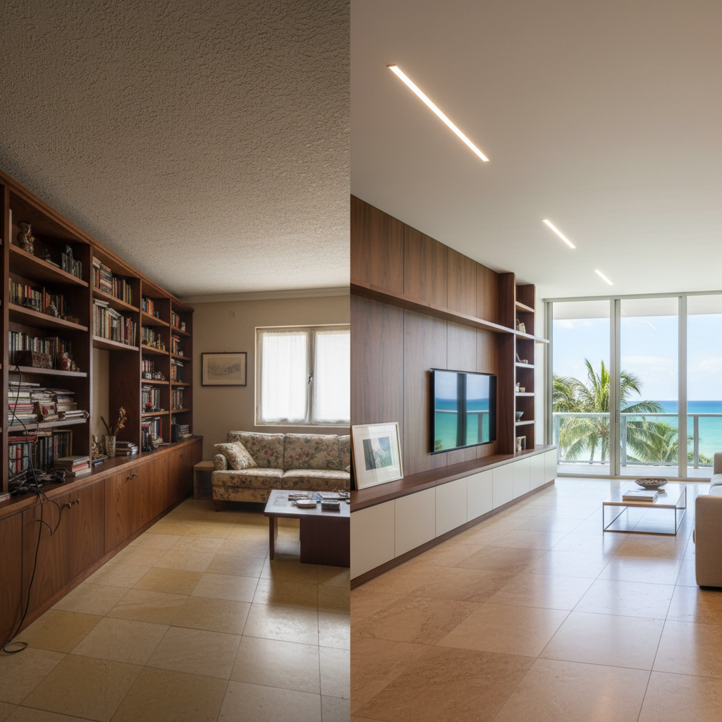 A dramatic before-and-after renovation scene of a Miami Beach luxury condo interior, split-screen in photographic realism. On the left, a dated, dark room with low ceilings, worn tile, and cluttered built-ins. On the right, the transformed space: soaring white ceilings with recessed linear lighting, large-format porcelain slabs in a warm stone look, and a sleek Italian-inspired media wall in matte walnut and ivory lacquer. Full-height sliding glass doors reveal a sunlit balcony with glimpses of palm trees and water. The right side is brighter, with soft, diffused daylight and crisp focus, conveying a sense of impeccable craftsmanship and sophisticated renewal.
